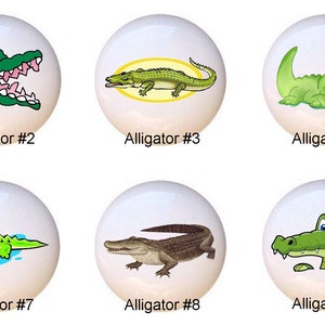 May include: Ten different ceramic tile designs featuring cartoon alligators in various poses and colors. The tiles are white with a glossy finish.