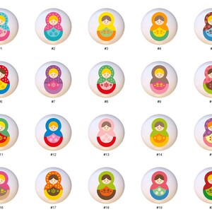 May include: Twenty colorful nesting dolls, each with a different design, are arranged in a grid pattern. The dolls are numbered 1 through 20.
