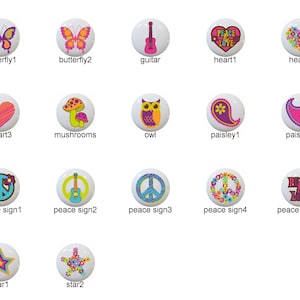 May include: Set of 15 ceramic knobs with various designs, including butterflies, hearts, mushrooms, owls, paisley patterns, peace signs, and stars. The knobs are white with colorful designs.