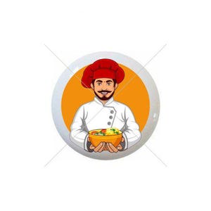 May include: A cartoon chef with a red hat and white uniform holding a bowl of food. The chef has a mustache and beard, set against an orange circle within a silver frame. The bowl contains yellow and green food.