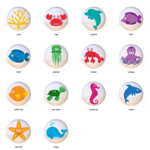 May include: A set of 12 colorful round ceramic tiles featuring various sea creatures, including a coral, crab, dolphin, fish, jellyfish, lobster, octopus, puffer fish, sea turtle, seahorse, shark, star fish, and whale.