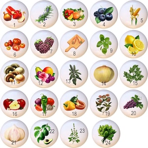 May include: Twenty-four white ceramic tiles with colorful illustrations of various fruits, vegetables, herbs, and spices. Each tile has a number from 1 to 24.