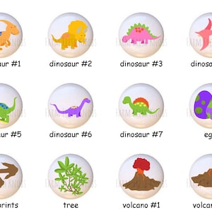 May include: Set of 10 ceramic knobs featuring dinosaurs, eggs, footprints, a tree, and two volcanoes. The knobs are white with colorful illustrations.