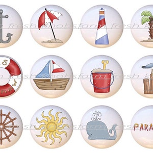 May include: Twelve ceramic knobs with nautical and beach themes. The knobs feature images of an anchor, an umbrella, a lighthouse, a palm tree, a life preserver, a sailboat, a bucket and shovel, a seagull on a pier, a ship's wheel, a sun, a whale, and the word "PARADISE".