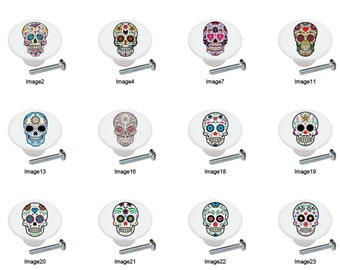 Sugar Skulls Colorful Skeleton Skull Jolly Roger Images on 1.5" DECORATIVE Glossy Ceramic Dresser Drawer PULLS Cabinet Cupboard KNOBS