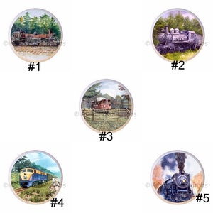 May include: Five different vintage train illustrations, each in a circular frame. The trains are depicted in various settings, including a forest, a field, and a cityscape. The illustrations are painted in a watercolor style, with a focus on detail and realism.