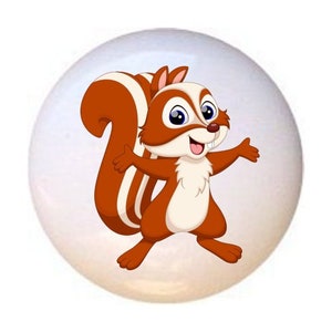 May include: A cartoon illustration of a brown and white squirrel with a bushy tail, smiling and waving with its arms outstretched.