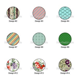 May include: A collection of fifteen round decorative designs. Each design features a unique pattern, including geometric shapes, floral motifs, and stripes. The designs are numbered from 1 to 15.