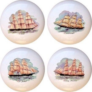 Nautical Ceramic Dresser Knobs: Vintage Style Sail Ships, Set of 4