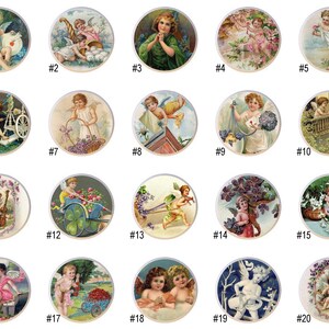 May include: Twenty round, colorful, vintage illustrations of cherubs, angels, and cupids. Each illustration is framed in a circle with a number from 1 to 20.