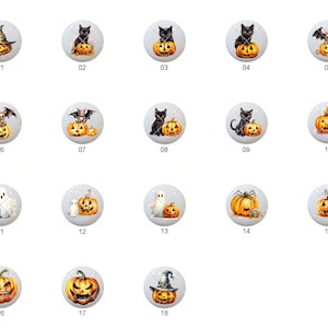 May include: Set of 18 Halloween themed round cabochons featuring various designs including pumpkins, cats, bats, ghosts, and spiders. The cabochons are perfect for crafting projects like jewelry, hair clips, and keychains.