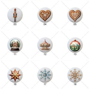 May include: A set of 18 Christmas ornaments featuring various designs, including a nutcracker, gingerbread heart, snow globe, carousel, and snowflake. The ornaments are all round and have a white background.