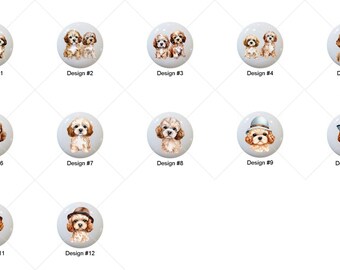 May include: Twelve different designs of round ceramic tiles featuring watercolor illustrations of dogs. Each tile has a white background and features a single dog or two dogs.