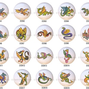 May include: Twenty white ceramic round knobs with colorful dragon designs. Each knob features a different dragon design with various colors, including red, green, blue, yellow, and purple.