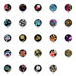 May include: Twenty-four round, black-backed cabochons with colorful floral designs. Each cabochon has a silver-colored rim.