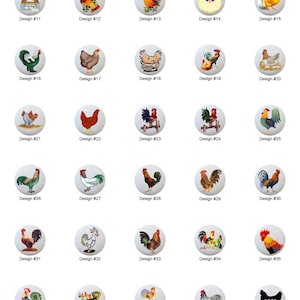 May include: Collection of 46 white ceramic cabinet knobs, each featuring a unique rooster or chicken design. Designs include various colors and styles, with some knobs labeled with a design number.