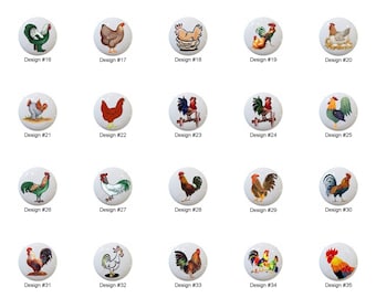 Chickens Roosters Chicken Rooster Barnyard Farm Images on 1.5" White Decorative Glossy CERAMIC Cabinet PULLS Dresser Drawer KNOBS