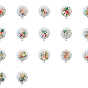 May include: Set of 17 round ceramic tiles with tropical floral designs. Each tile features a different arrangement of colorful flowers, leaves, and birds. The tiles are perfect for adding a touch of tropical flair to any space.