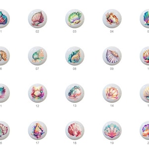 May include: Twenty colorful ceramic knobs with different seashell designs. Each knob is round and features a white background with a painted seashell in various colors, including pink, blue, green, and purple.