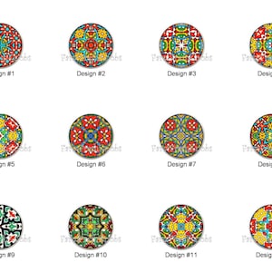 May include: A collection of twelve circular designs, each featuring a unique, colorful, and intricate pattern. The designs are numbered from one to twelve, with a variety of geometric and floral motifs in vibrant hues of red, yellow, blue, and green.
