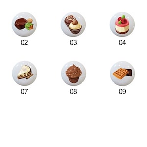 May include: Eleven round white ceramic tiles with different images of desserts and drinks. The tiles are numbered 1 through 11. The images include a cup of hot chocolate, a chocolate truffle, a chocolate cupcake, a slice of cake with raspberries, a slice of cheesecake, a chocolate mousse, a slice of cake with cinnamon, a chocolate cupcake with sprinkles, a waffle with chocolate, a slice of chocolate cake, and a chocolate truffle with a white chocolate swirl.