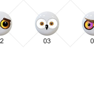 May include: Six different owl designs with various eye colors and eyebrow shapes. The owls are depicted on white round backgrounds.