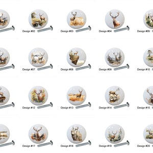May include: Twenty different designs of ceramic cabinet knobs featuring a white background with a painted image of a deer in a forest setting. Each knob has a silver screw.