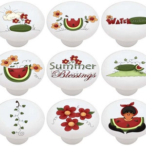 Set of 9 - Watermelon Country Summer Crow Ceramic Dresser Drawer Pulls Cabinet Cupboard Knobs