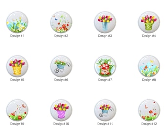 Garden Flowers by MobyCatDesigns Floral Images on 1.5" White Decorative Glossy CERAMIC Cabinet PULLS Dresser Drawer KNOBS