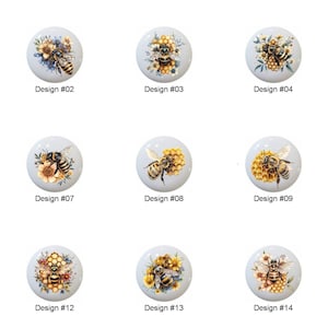 May include: Fifteen different designs of ceramic knobs featuring bees and honeycombs. The knobs are white with a variety of bee and honeycomb designs in yellow, brown, and blue.