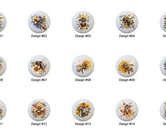Honeybee with Flowers Bee by JollyClipArt Images on 1.5" White Decorative Glossy CERAMIC Cabinet PULLS Dresser Drawer KNOBS