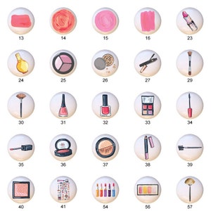 May include: A set of 20 white round stickers with various makeup illustrations, including brushes, lipstick, nail polish, eyeshadow palettes, and powder compacts.