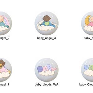 May include: Set of ten baby-themed round buttons with various designs, including angels, clouds, stars, and moons. The buttons are white with blue borders and feature pastel colors.