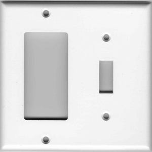 May include: White plastic electrical outlet cover with a single light switch and a single blank space for an outlet.