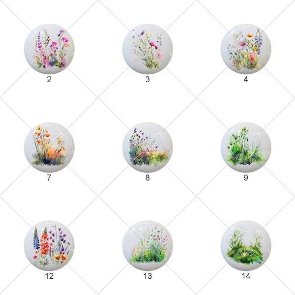 Watercolor Meadow Wild Flowers Wildflowers - 1.5" DECORATIVE Glossy Ceramic Dresser Drawer PULLS Cabinet Cupboard KNOBS