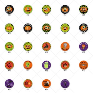 May include: Twenty-four round Halloween-themed stickers with various designs, including pumpkins, ghosts, bats, spiders, and witches. The stickers are numbered 1 through 24.