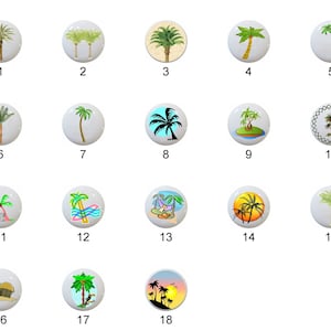 May include: Set of 18 ceramic tile designs featuring various palm trees and tropical scenes. The tiles are white with colorful illustrations of palm trees, beaches, and sunsets.