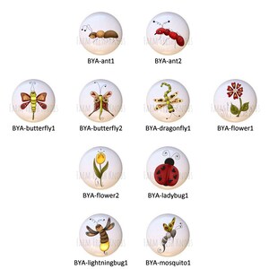 May include: Set of 10 ceramic knobs featuring painted images of insects and flowers. The knobs are white with colorful designs, including a ladybug, butterfly, dragonfly, ant, flower, and lightning bug.