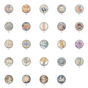 May include: Twenty-four round, decorative, nautical themed, metal buttons with various images, including an anchor, a compass, a lighthouse, a seashell, a starfish, a sailboat, a fish, a seahorse, a diving helmet, a sun, a scroll, and an hourglass.