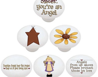 Set of 6 Angel Ceramic Dresser Knobs - Sister, Guardian Angel Design