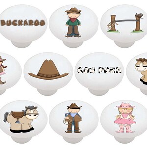 May include: Set of 10 ceramic cabinet knobs with a western theme. The knobs feature images of cowboys, cowgirls, horses, and a saddle. The text "BUCKAROO" and "COW POKE" are featured on two of the knobs.