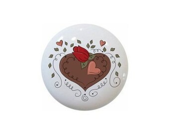 Chocolate Heart Ceramic Drawer Knob - Hearts and Flowers Decor