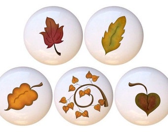 Autumn Leaves Ceramic Drawer Pulls - Fall Decor, Set of 5