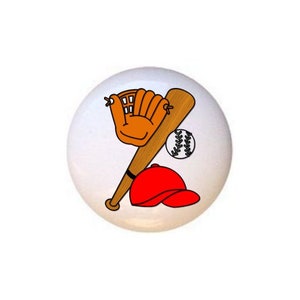 May include: A white ceramic knob with a baseball, bat, glove, and cap design.