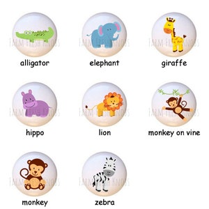 May include: Nine ceramic knobs with different animal designs. The knobs are white with a light blue, purple, yellow, orange, or brown background. The animals include an alligator, elephant, giraffe, hippo, lion, monkey, monkey on a vine, and zebra.