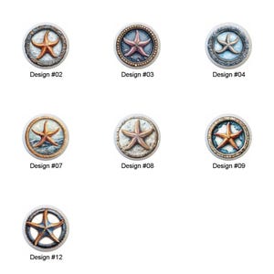 May include: Twelve different designs of round, decorative, ceramic wall plaques featuring a starfish in the center. Each plaque has a different color scheme and design.