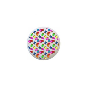 May include: A white round ornament with a colorful pattern of spools of thread. The spools are in various colors, including red, orange, yellow, green, blue, and purple.