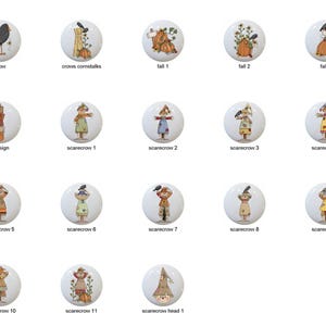 May include: A set of 13 ceramic tile ornaments featuring fall and scarecrow themes. The tiles are white with colorful images of crows, cornstalks, pumpkins, scarecrows, and fall signs.