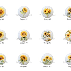 May include: A collection of twelve round cabinet knobs with sunflower designs. Each knob features a different watercolor-style sunflower illustration in shades of yellow, orange, and green, set against a white background. The text "Design #" is printed below each knob.