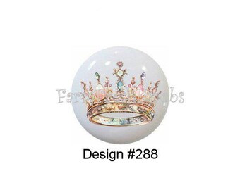 Boho Cuties by WondersArtist Crowns Crown Images on 1.5" White Decorative Glossy CERAMIC Cabinet PULLS Dresser Drawer KNOBS